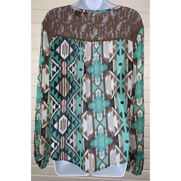 Rancho Estancia Sz MEDIUM Green Brown Southwest Chiffon Lace Trim Tunic EUC - Picture 8 of 11